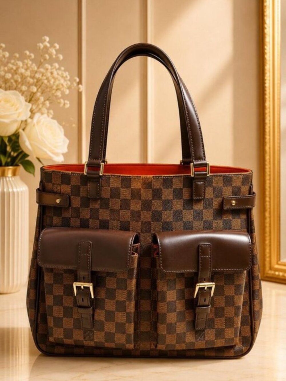 Authentic Louis Vuitton Uzes Damier Ebene Tote Bag Brown Shoulder Handbag PM